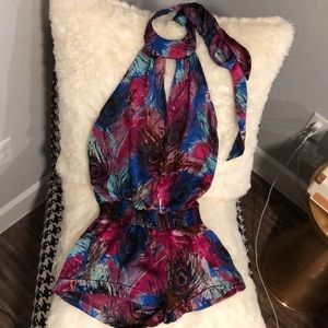 Feather Print Halter Romper